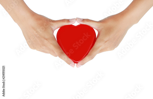 Hands holding small gift heart on Valentine s Day isolated on white background.