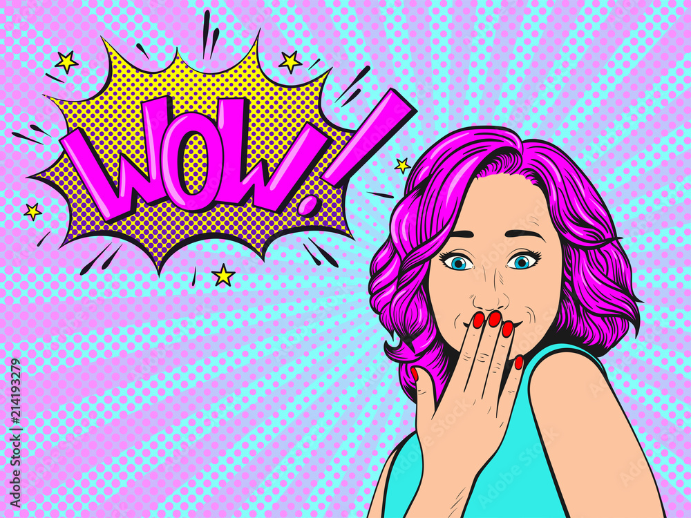 Surprised woman with pink hair.Comic woman. Wow face female. Pop Art vintage vector illustration