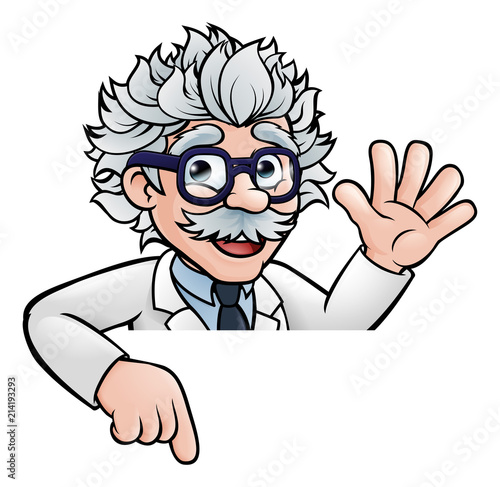 Canvas Print Cartoon Scientist Professor Pointing at Sign