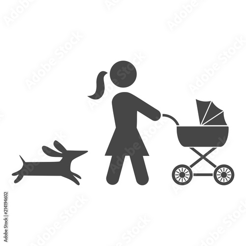 Mother with baby carriage walking with dog