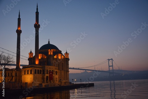 Sunrise in Istanbul by Ortakoy Mosque and Bosphorus Bridge