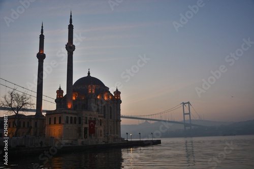 Sunrise in Istanbul by Ortakoy Mosque and Bosphorus Bridge