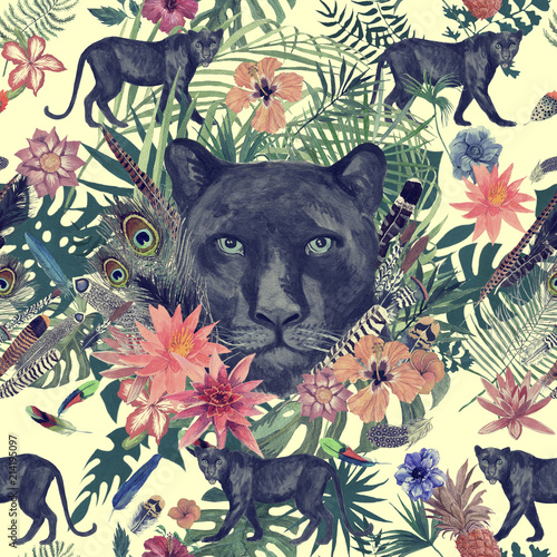 Seamless hand drawn watercolor pattern with panther, flowers, feathers, flowers.