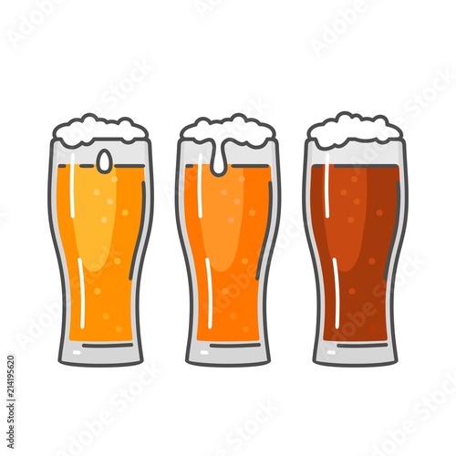 Glass with three types beer. Color flat vector illustration