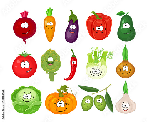 Funny cartoon set of different vegetables. Smiling beetroot, car