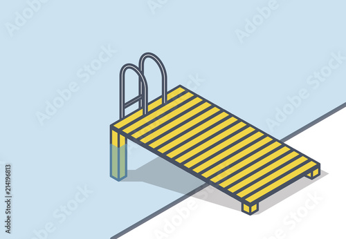 Outlined vector wooden pier with small pool. Brown wharf with ladder steps into swimming pool. Isometric garden project at bathing pond. Oasis in garden of house with swimming area. Natural swimming p