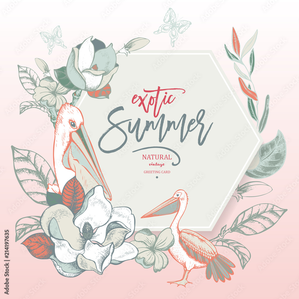 Fototapeta premium Vector summer tropical Magnolias and Pelican