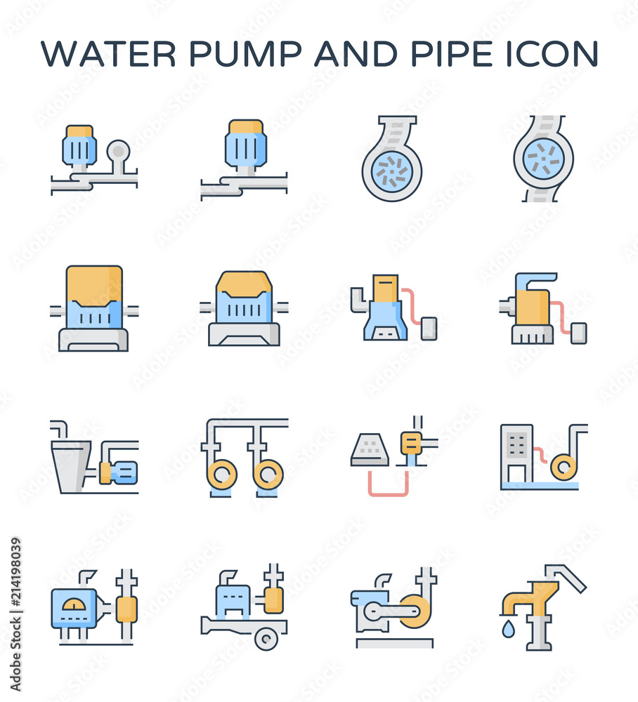 Water pump station icon. Consist of centrifugal, submersible and well pump. Powered by engine, hand and electric motor with solar energy. For produce flow and pressure to distribution or supply water. Water pump station icon. Consist of centrifugal, submersible and well pump. Powered by engine, hand and electric motor with solar energy. For produce flow and pressure to distribution or supply water.