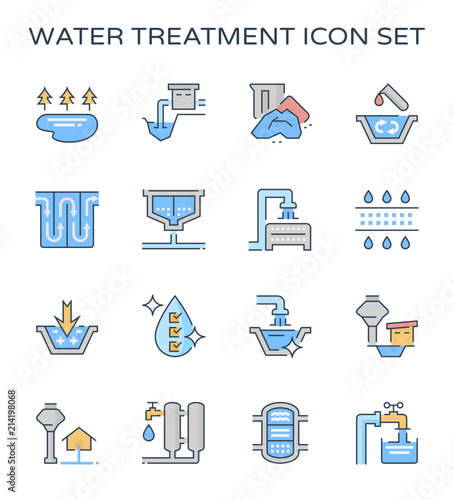 Water treatment plant and water filter and wastewater or waste water vector icon set. Purification system include. That removes sewage and sludge to improves the quality water for facility and supply.