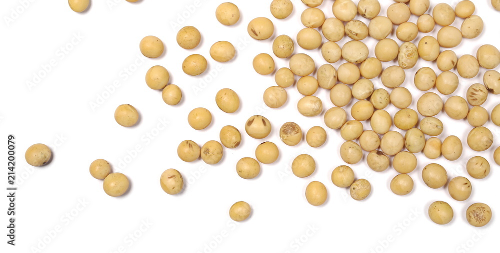 Organic raw soybeans, isolated on white background, top view Organic raw soybeans, isolated on white background, top view
