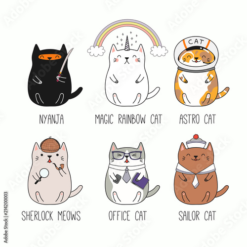 Set of different hand drawn kawaii cats, ninja, unicorn, astronaut, detective, office worker, sailor. Isolated objects on white background. Line drawing. Vector illustration. Design concept kids print