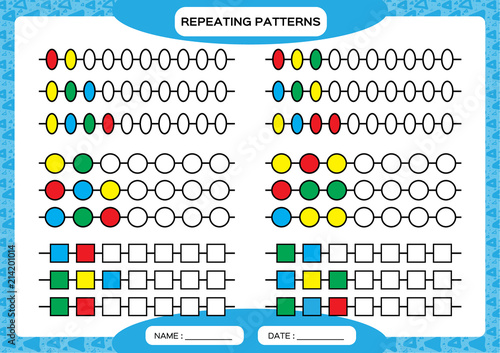 Complete repeating patterns. Worksheet for preschool kids. Practicing motor skills, improving skills tasks. Complete the pattern. Color beads. Blue background. Square, circle, oval.