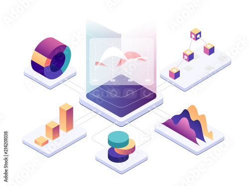 Isometric data analysis. Modern digital graphics and charts analyzing statistics. Vector 3d illustration.