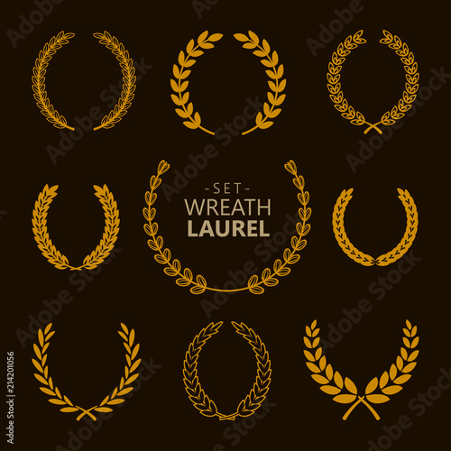 Set of laurel wreath on the dark background. Vector illustration.