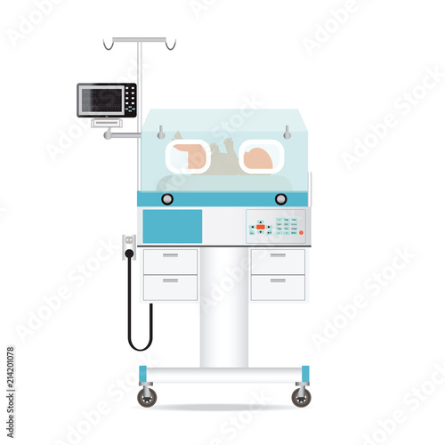 Infant incubator technology with new born baby in a medical center hospital.