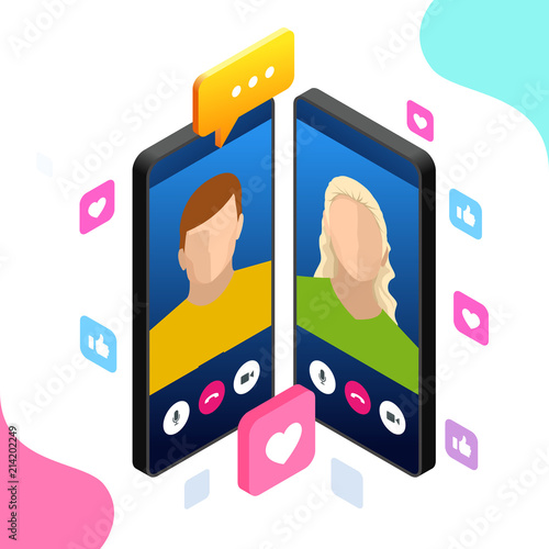 Isometric mobile messenger chat, online conversation with texting message. Vector illustration