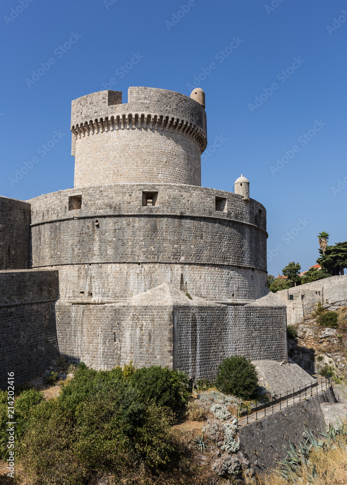 Impressive exterior view of the fortification of the famous Dubrovnik old town in Croatia on a sunny summer day.