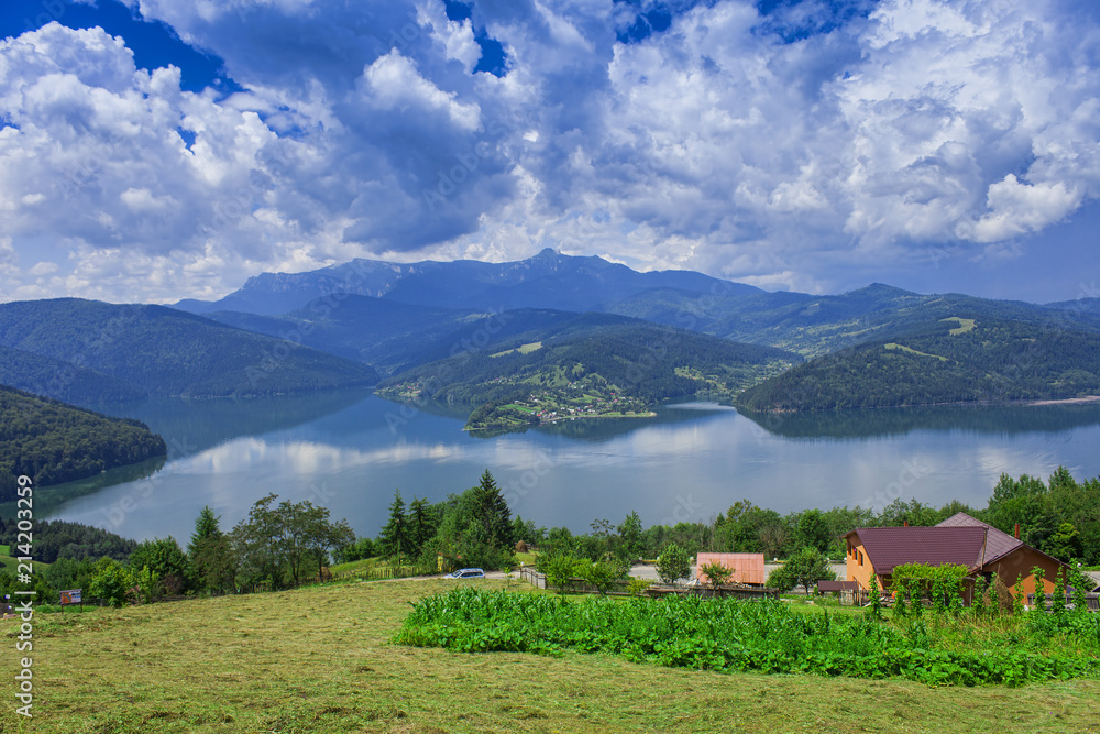 beautiful Bicaz lake and countryside landscape, Romania.