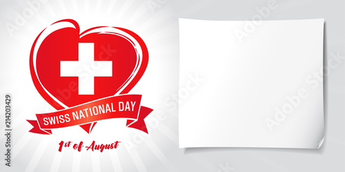 Swiss National Day, poster with heart in flag color on beams and white paper. National holiday in Switzerland 1 August, vector greetings card. Celebration Swiss Confederation anniversary of Foundation