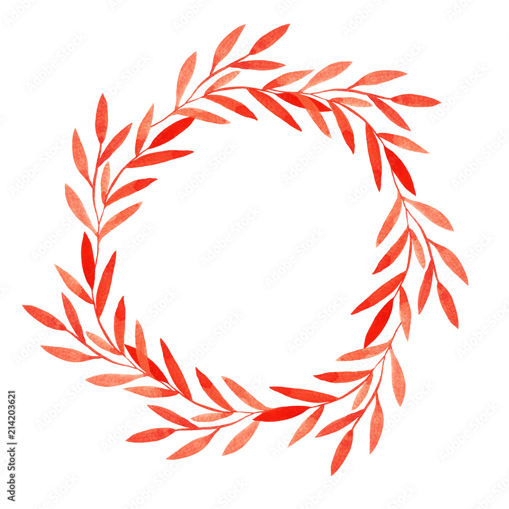 Watercolor hand drawn wreath with leaves and branches on the white backround Watercolor hand drawn wreath with leaves and branches on the white backround