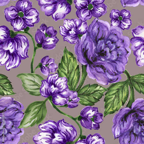 seamless pattern bouquet rose blue purple flowers and plant