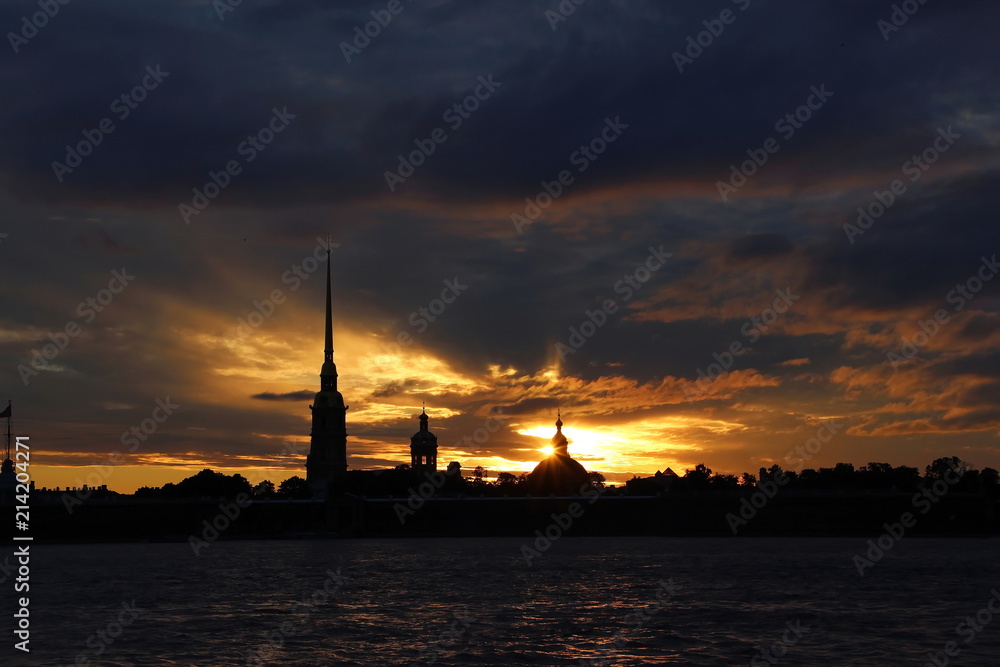 Sunset over the Peter and Paul Fortress in St. Petersburg. Twilight