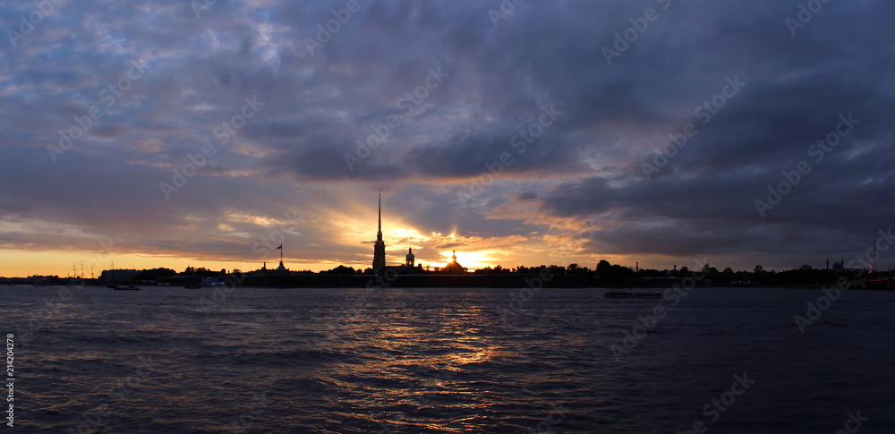 Sunset over the Peter and Paul Fortress in St. Petersburg. Twilight