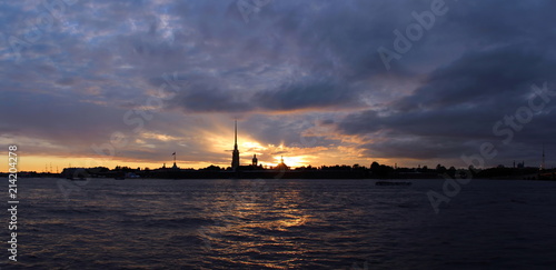 Sunset over the Peter and Paul Fortress in St. Petersburg. Twilight