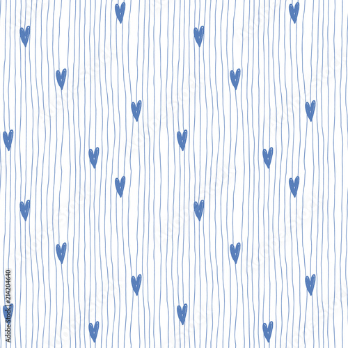 Hand drawn vector seamless pattern with stripes and small hearts in childish naive style. Blue and white cute pattern for surface design, fabric and wrapping paper.