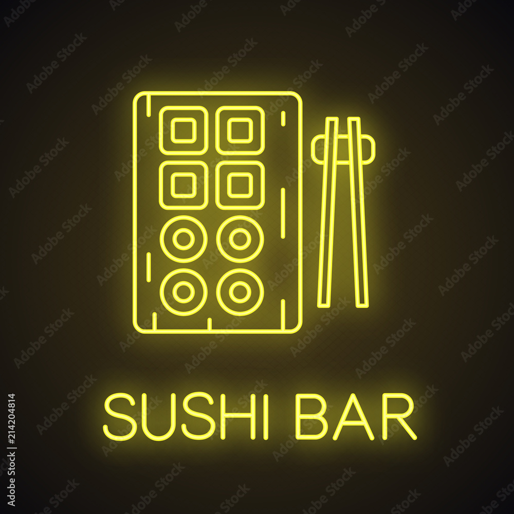 Sushi and chopsticks neon light icon