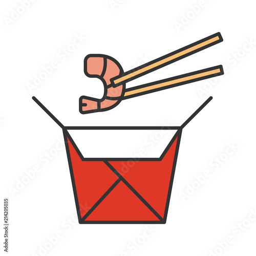 Chinese noodles with seafood in paper box color icon