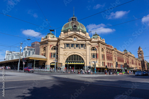 Melbourne city historic building-Flinders street station built of yellow sandstone in colonial victorian style.The station is the major interchange for suburban trains in Melbourne:09/04/2018. photo