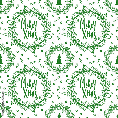Hand drawn Christmas seamless vector pattern. Winter ornament for wrapping paper and fabric with holly wreaths and trees, snowflakes and confetti. 