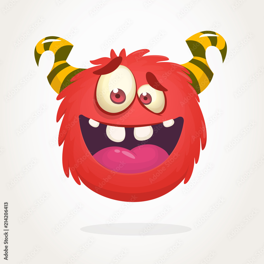Happy cool cartoon fat monster. Red and horned vector monster character