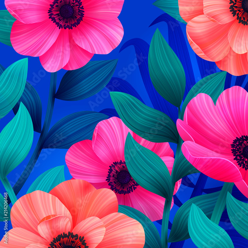 Wallpaper Mural vector tropical pattern with waterlily, lotus flower. Amazing floral allover pattern, with large beautiful vintage flower. Torontodigital.ca