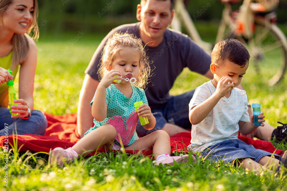 Fototapeta premium children blow soap bubbles outdoor- Happy family in the park together on a sunny day.