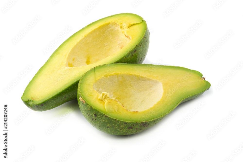 Ripe avocado and Avocado slices isolated on white background Ripe avocado and Avocado slices isolated on white background