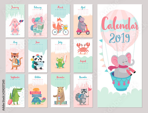 Calendar 2019. Cute monthly calendar with forest animals.