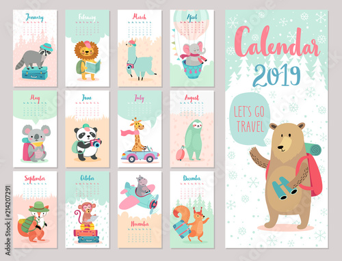 Calendar 2019. Cute monthly calendar with forest animals.