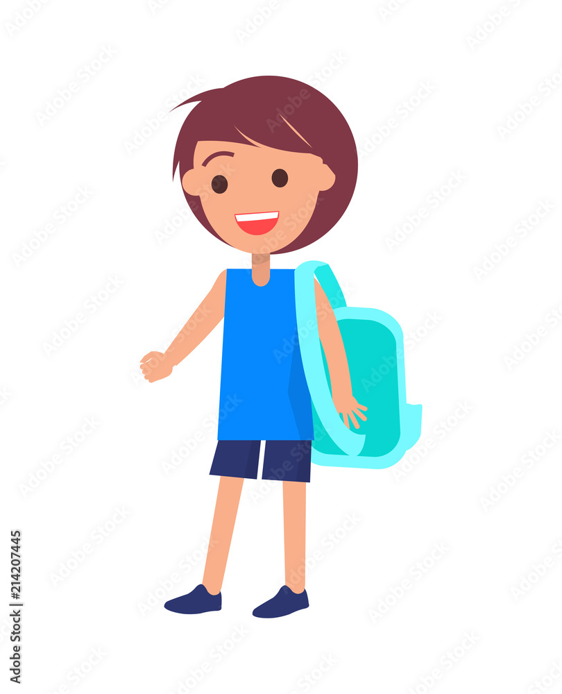 Schoolboy with Backpack in Shorts and Blue T-shirt