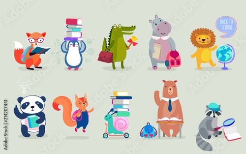 Back to school Animals hand drawn style, education theme. Cute characters. Bear, penguin, hippo, panda, fox and others.