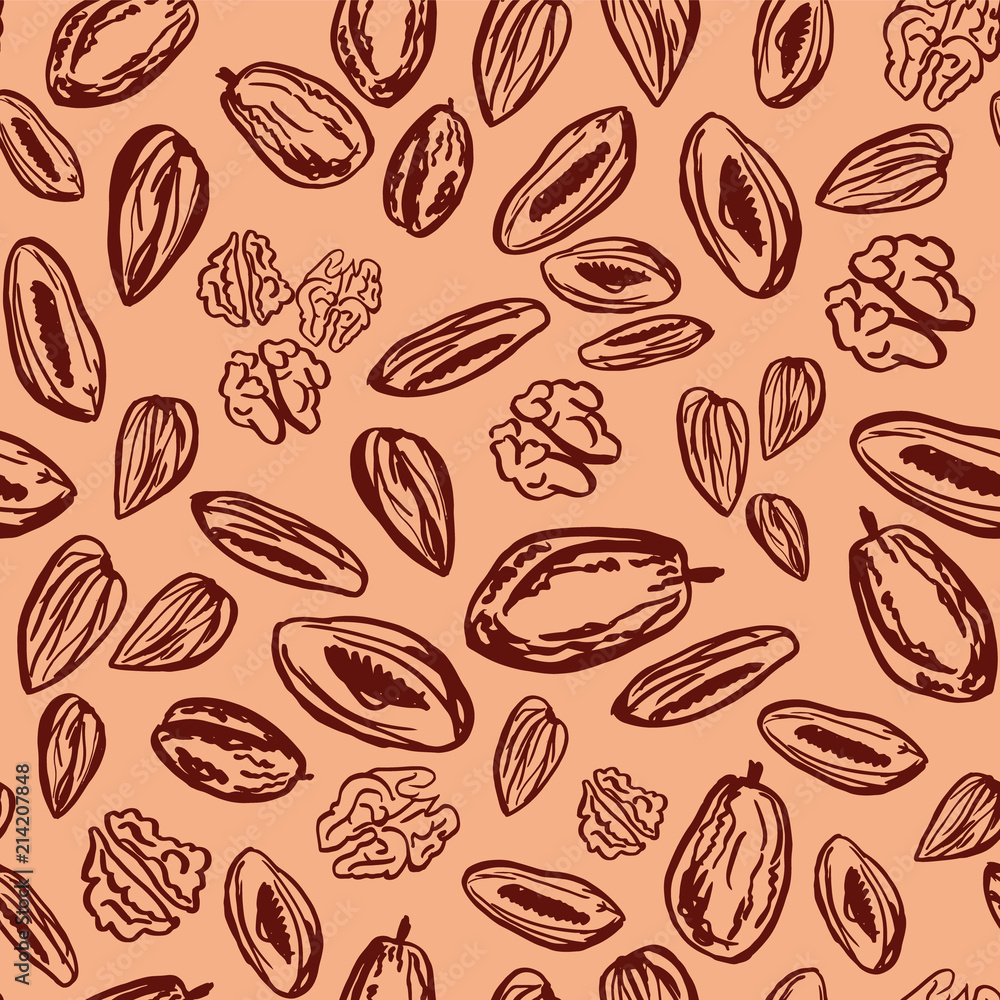 Colorful pattern with dried plums and apricots with almonds and walnuts on beige background Colorful pattern with dried plums and apricots with almonds and walnuts on beige background