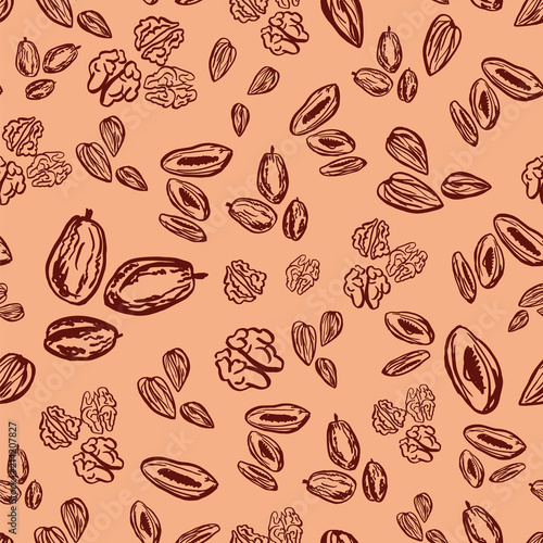 Colorful pattern with dried plums and apricots with almonds and walnuts on beige background