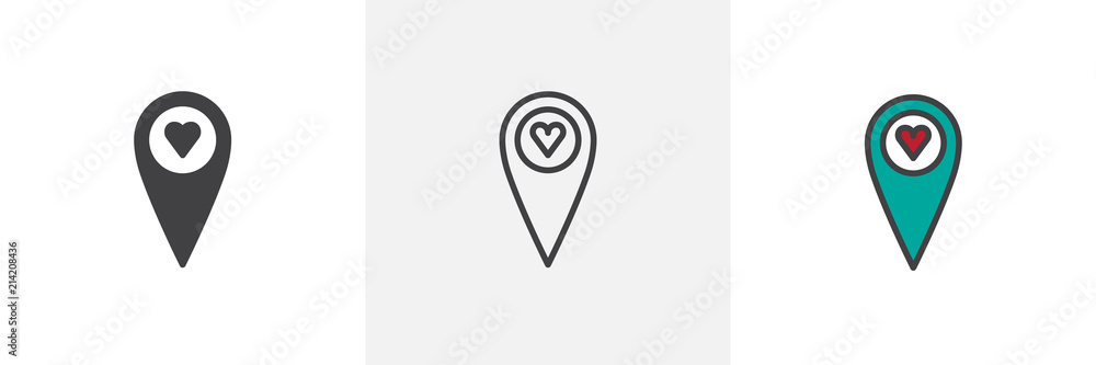 Romantic date location icon. Line, solid and filled outline colorful version, outline and filled vector sign. Map pin with heart symbol, logo illustration. Different style icons set. Vector graphics
