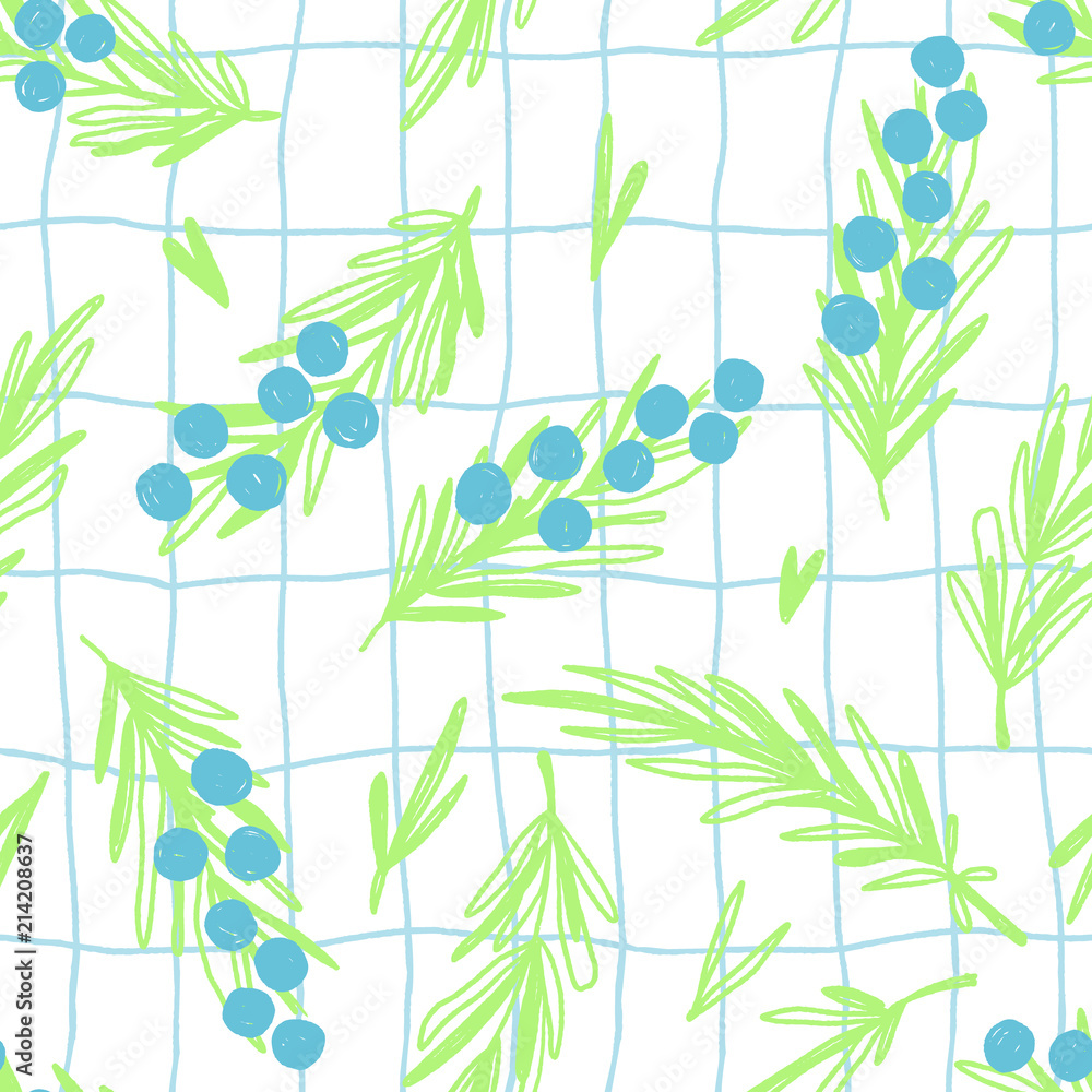Hand drawn seamless vector pattern with blue berries and branches. Cute summer illustration in naive style, in white, blue and green colors. For surface design, wrapping paper and fabric. Hand drawn seamless vector pattern with blue berries and branches. Cute summer illustration in naive style, in white, blue and green colors. For surface design, wrapping paper and fabric.