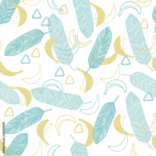 Cute hand drawn doodle vector seamless pattern in naive style. Tropical summer illustration with bananas and leaves for surface design and fabric.