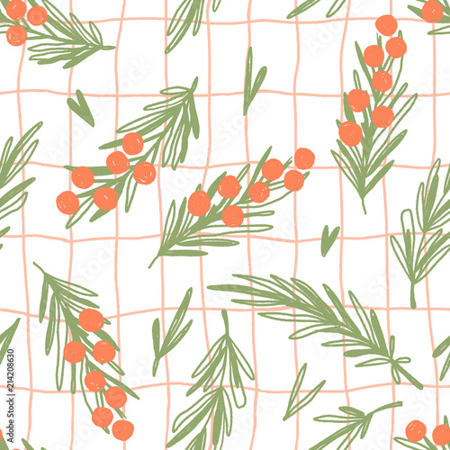 Hand drawn seamless vector pattern with sea-buckthorn berries and branches. Cute summer illustration in naive style, in white, orange and green colors. For surface design, wrapping paper and fabric.