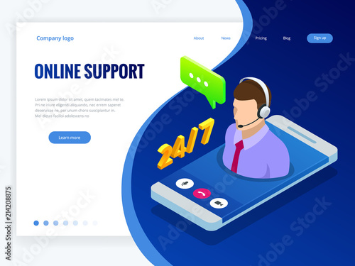 Isometric wen banner with Online supportconcept. Support service help assistance guidance. Call center agent browsing. Flat male support and client service staff worker.