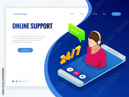 Isometric wen banner with Online supportconcept. Support service help assistance guidance. Call center agent browsing. Flat female support and client service staff worker.