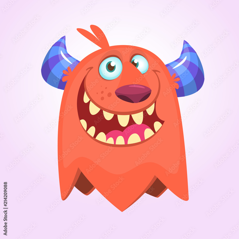 Happy cool cartoon fat monster.Red and horned vector monster character Happy cool cartoon fat monster.Red and horned vector monster character